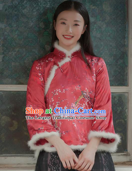 Chinese Traditional Costumes National Tang Suit Qipao Blouse Red Cotton Padded Jacket for Women