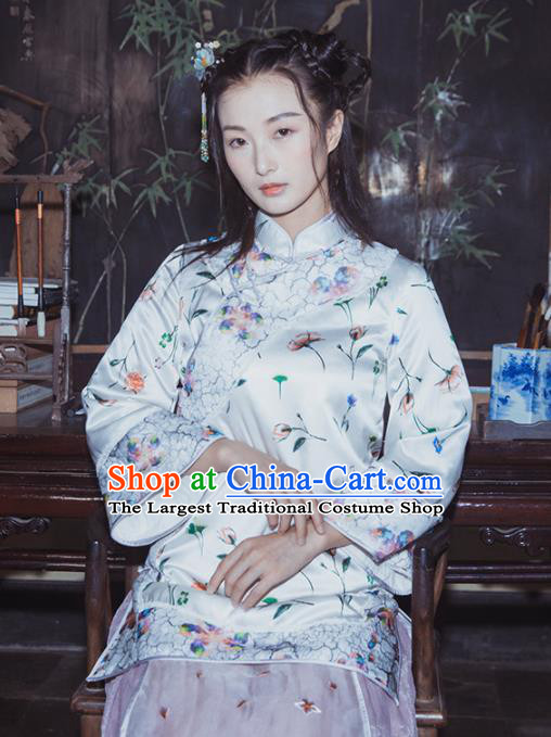 Chinese Traditional Costumes National Qipao Blouse White Silk Tang Suit Shirt for Women