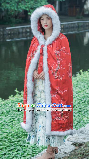 Chinese Traditional Costumes National Tang Suit Red Cotton Wadded Cloak for Women