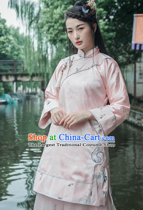 Chinese Traditional Costumes National Upper Outer Garment Pink Silk Qipao Blouse for Women