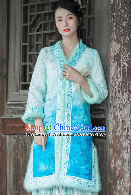 Chinese Traditional Costumes National Upper Outer Garment Blue Silk Qipao Coat for Women