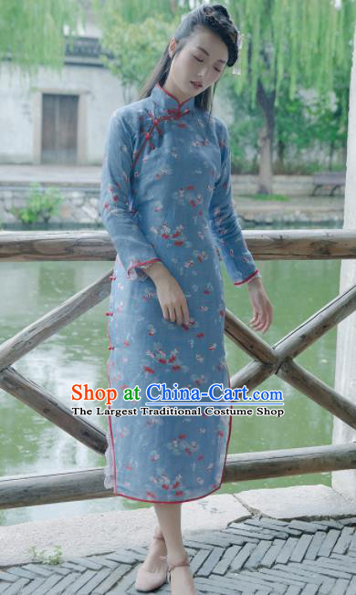 Chinese Traditional Costumes National Blue Qipao Dress Classical Cheongsam for Women