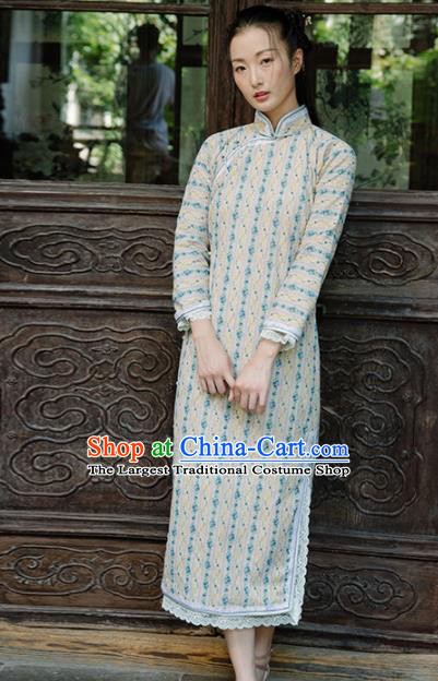 Chinese Traditional Costumes National Beige Qipao Dress Classical Cheongsam for Women