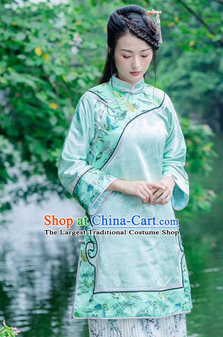 Chinese Traditional Costumes National Upper Outer Garment Green Silk Qipao Coat for Women