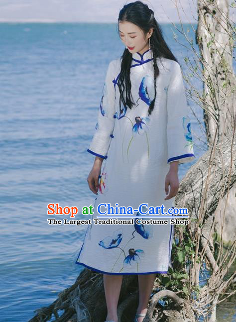 Chinese Traditional Costumes National White Qipao Dress Tang Suit Cheongsam for Women