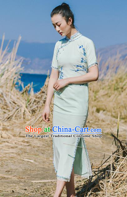 Chinese Traditional Costumes National Embroidered Green Qipao Dress Tang Suit Cheongsam for Women