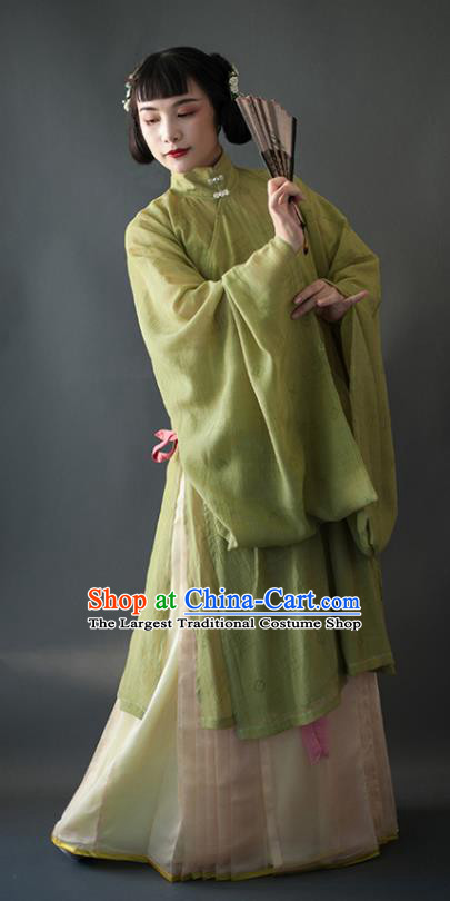 Chinese Traditional Ancient Ming Dynasty Historical Costumes Green Blouse and Beige Skirt Complete Set for Women