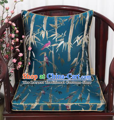 Chinese Classical Household Ornament Bamboo Pattern Blue Brocade Back Cushion Cover and Armchair Mat