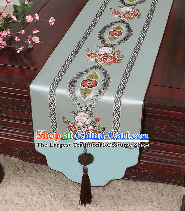 Chinese Classical Household Ornament Jade Pendant Tassel Pea Green Brocade Table Flag Traditional Handmade Table Cover Cloth