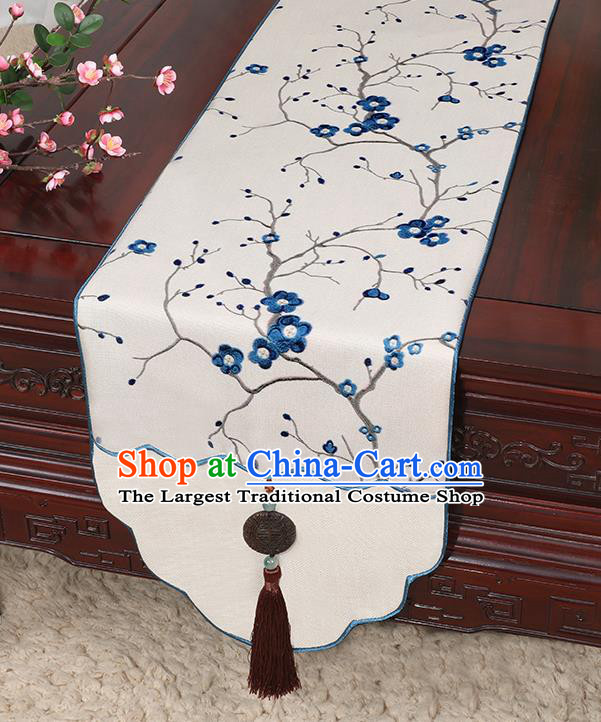 Chinese Classical Household Ornament Jade Pendant Blue Plum Blossom Pattern Brocade Table Flag Traditional Handmade Table Cover Cloth