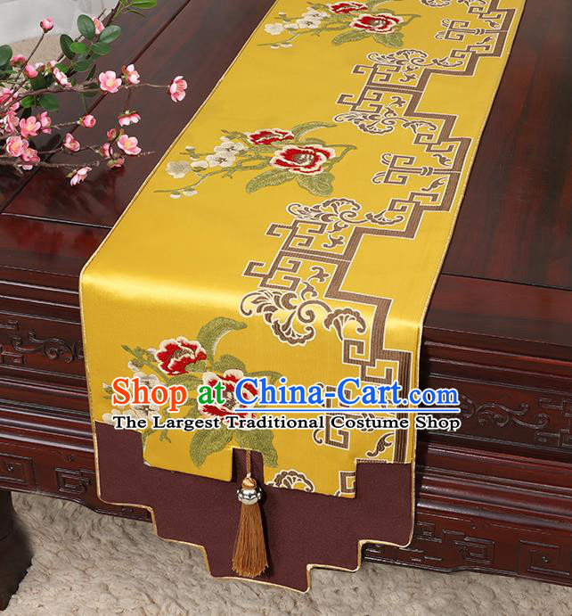 Chinese Classical Household Ornament Golden Brocade Table Flag Traditional Handmade Jade Pendant Table Cover Cloth