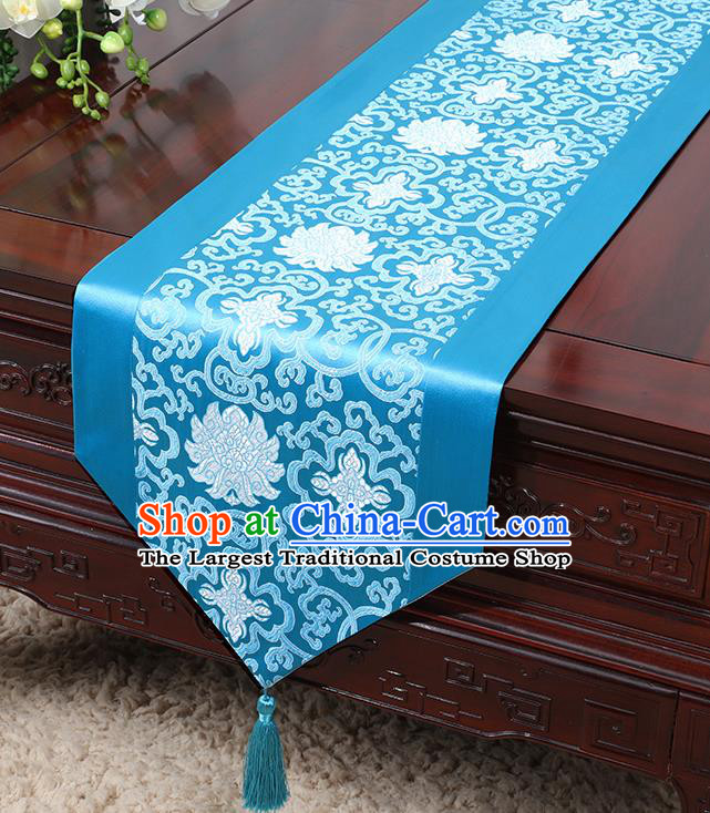 Chinese Traditional Table Cloth Classical Handmade Household Ornament Lotus Pattern Blue Brocade Table Flag