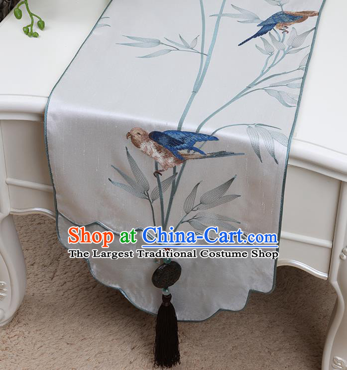 Chinese Traditional White Brocade Table Cloth Classical Embroidered Birds Pattern Household Ornament Table Flag