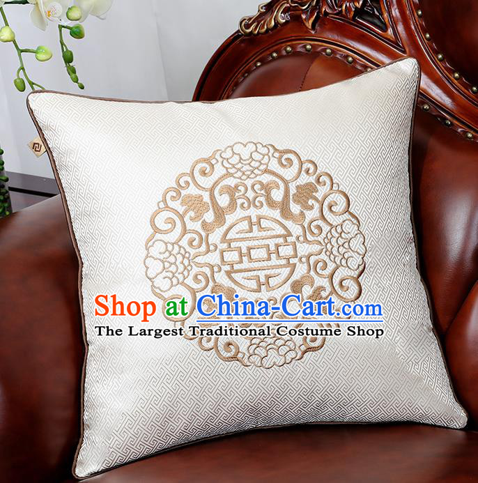 Chinese Traditional Embroidered White Brocade Back Cushion Cover Classical Household Ornament