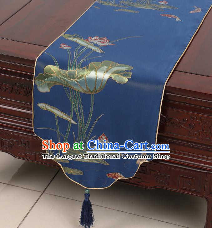 Chinese Traditional Lotus Pattern Blue Brocade Table Cloth Classical Satin Household Ornament Table Flag