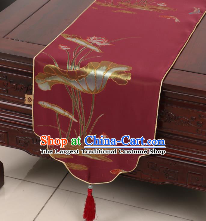 Chinese Traditional Lotus Pattern Red Brocade Table Cloth Classical Satin Household Ornament Table Flag