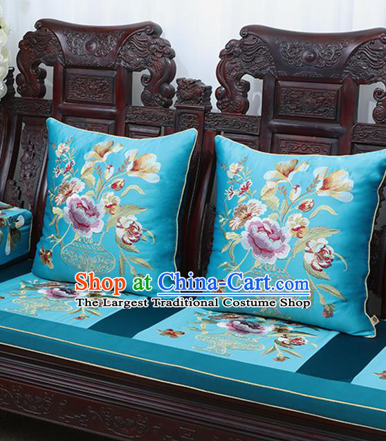 Chinese Traditional Embroidered Peony Blue Brocade Back Cushion Cover Classical Household Ornament