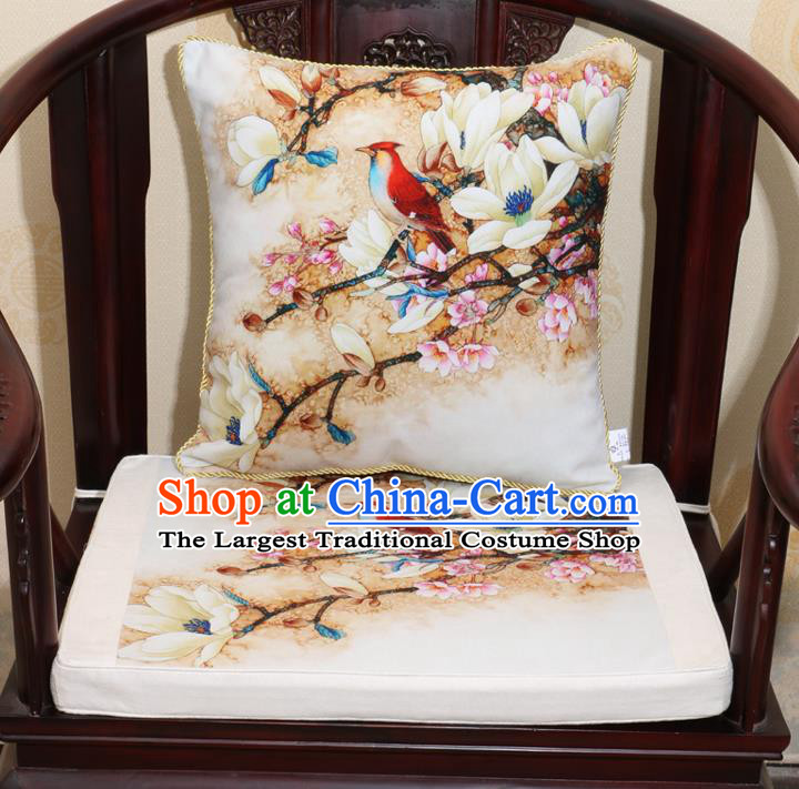 Chinese Classical Household Ornament Traditional Flowers Birds Pattern White Brocade Cushion Cover and Armchair Mat Cover