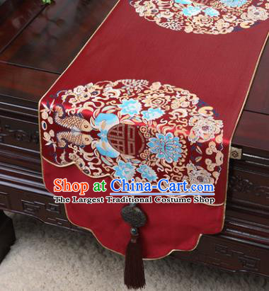 Chinese Traditional Fishes Pattern Wine Red Brocade Table Cloth Classical Household Ornament Table Flag