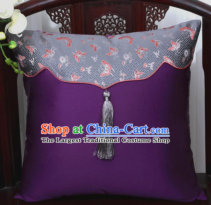 Chinese Traditional Butterfly Pattern Purple Brocade Back Cushion Cover Classical Household Ornament