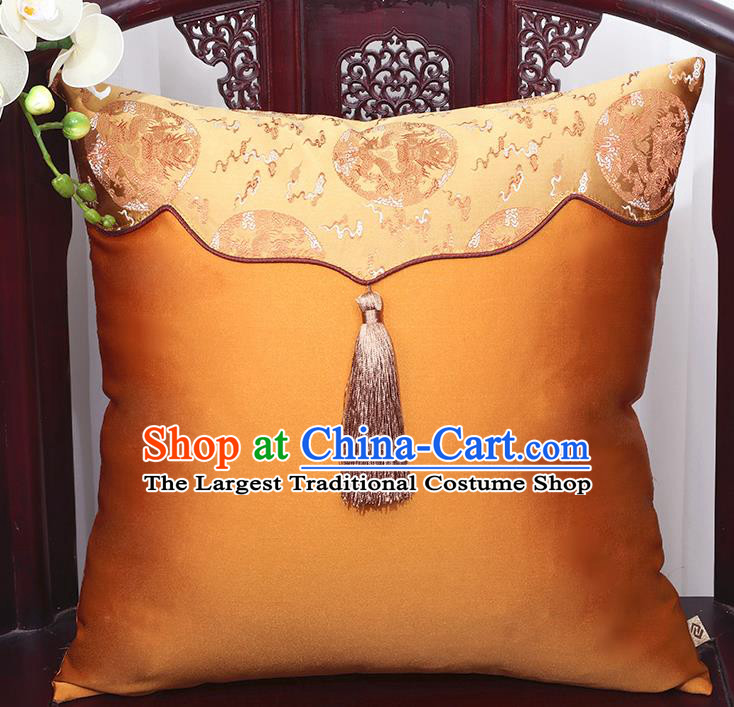 Chinese Traditional Dragons Pattern Golden Brocade Tassel Back Cushion Cover Classical Household Ornament