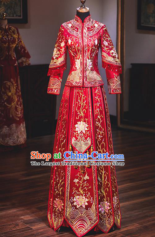 Chinese Traditional Wedding Costumes Embroidered Peony Red Xiuhe Suits Ancient Bride Toast Full Dress for Women