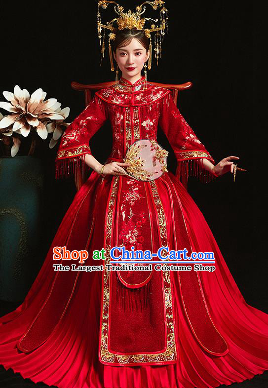 Chinese Traditional Bride Toast Embroidered Peony Red Xiuhe Suits Ancient Wedding Costumes for Women