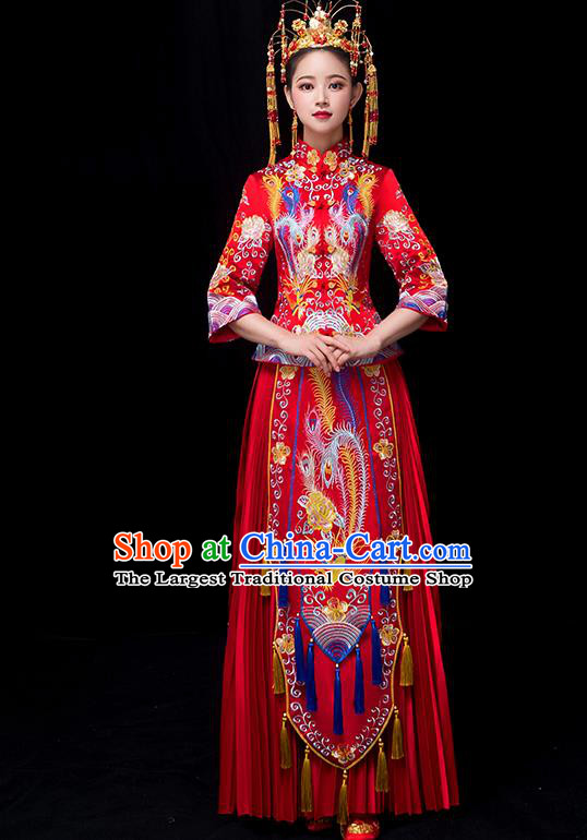 Chinese Traditional Bride Xiuhe Suits Ancient Handmade Embroidered Phoenix Red Wedding Costumes for Women