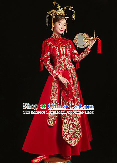 Chinese Traditional Bride Toast Embroidered Diamante Red Xiuhe Suits Ancient Wedding Costumes for Women