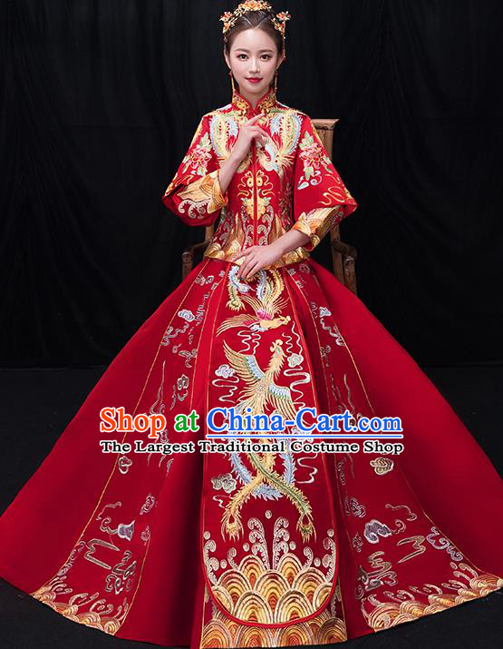 Chinese Traditional Bride Toast Embroidered Phoenix Red Xiuhe Suits Ancient Wedding Costumes for Women