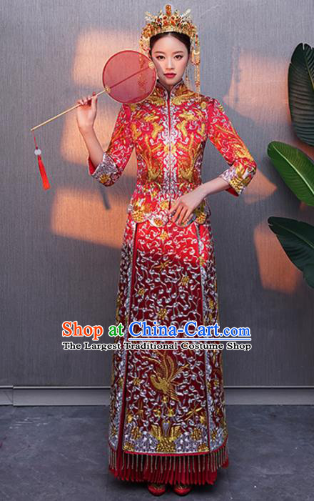 Chinese Traditional Bride Embroidered Red Xiuhe Suits Ancient Handmade Wedding Costumes for Women