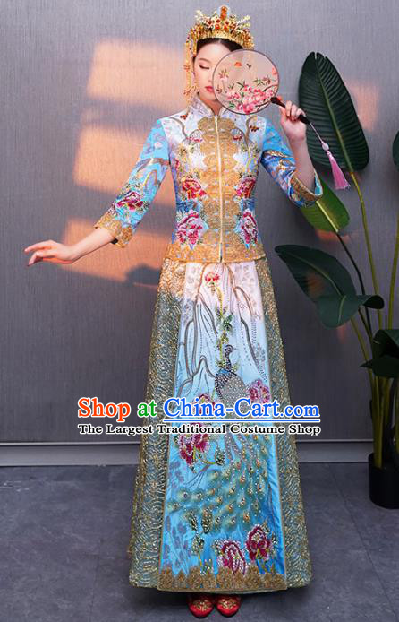 Chinese Traditional Bride Embroidered Peacock Blue Xiuhe Suits Ancient Handmade Wedding Costumes for Women