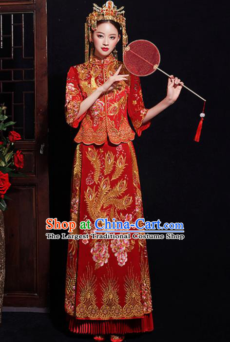 Chinese Traditional Bride Embroidered Phoenix Peony Xiuhe Suits Ancient Handmade Wedding Costumes for Women