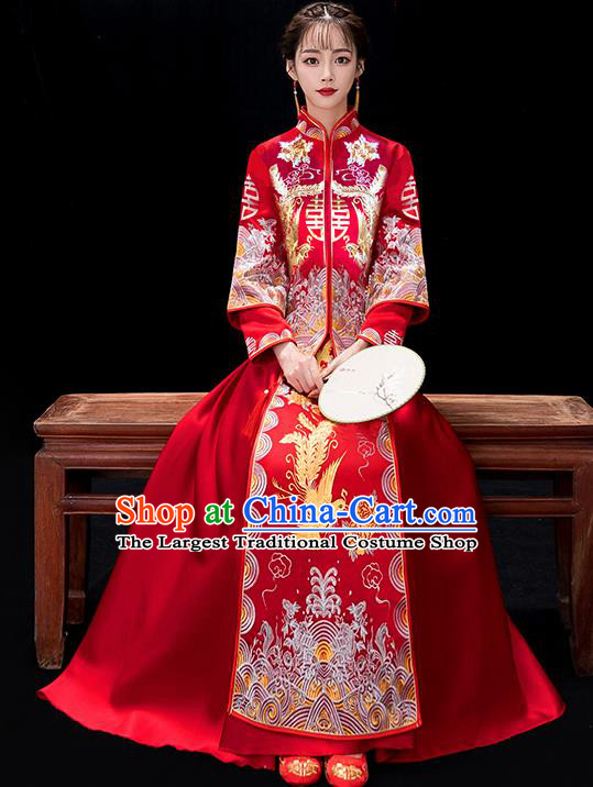 Chinese Traditional Bride Embroidered Phoenix Red Xiuhe Suits Ancient Wedding Costumes for Women