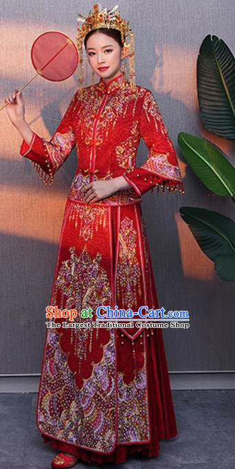 Chinese Traditional Bride Rhinestone Red Xiuhe Suits Ancient Handmade Embroidered Wedding Costumes for Women