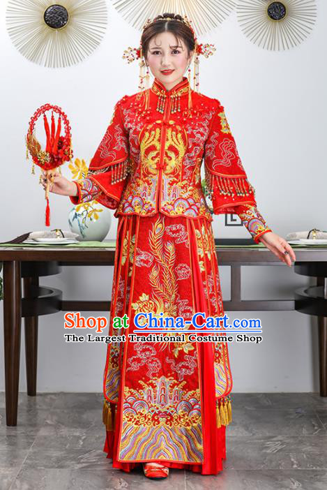 Chinese Traditional Bride Xiuhe Suits Ancient Handmade Embroidered Phoenix Red Wedding Costumes for Women