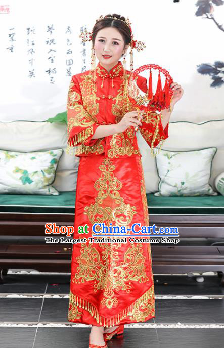 Chinese Traditional Bride Red Satin Xiuhe Suits Ancient Handmade Wedding Dresses for Women