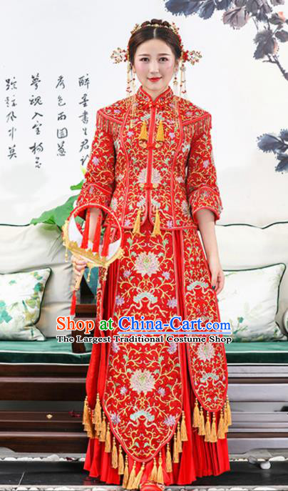 Chinese Traditional Bride Red Embroidered Lotus Xiuhe Suits Ancient Handmade Wedding Dresses for Women