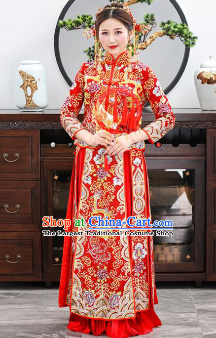 Chinese Traditional Bride Embroidered Dragon Red Xiuhe Suits Ancient Handmade Wedding Dresses for Women