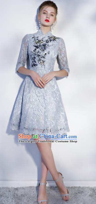 Chinese Traditional Bride Embroidered Slim Cheongsam Ancient Handmade Grey Lace Wedding Dress for Women