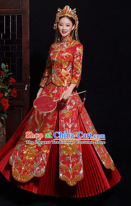 Chinese Traditional Bride Embroidered Peony Tang Suit Xiuhe Suits Ancient Handmade Red Wedding Costumes for Women