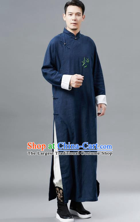 Chinese Traditional Costume Tang Suits Navy Robe National Mandarin Gown for Men