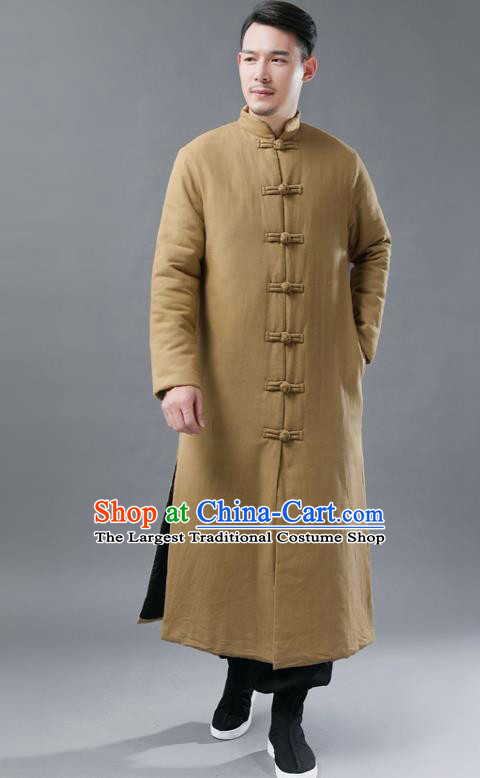 Chinese Traditional Costume Tang Suits National Mandarin Khaki Cotton Padded Long Coat for Men