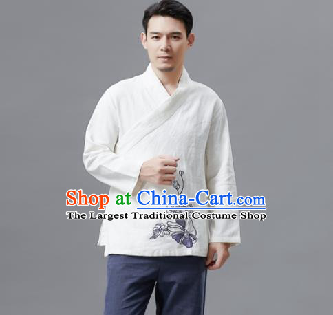 Chinese Traditional Costume Tang Suit White Shirts National Mandarin Outer Garment for Men