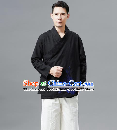 Chinese Traditional Costume Tang Suit Black Shirts National Mandarin Outer Garment for Men