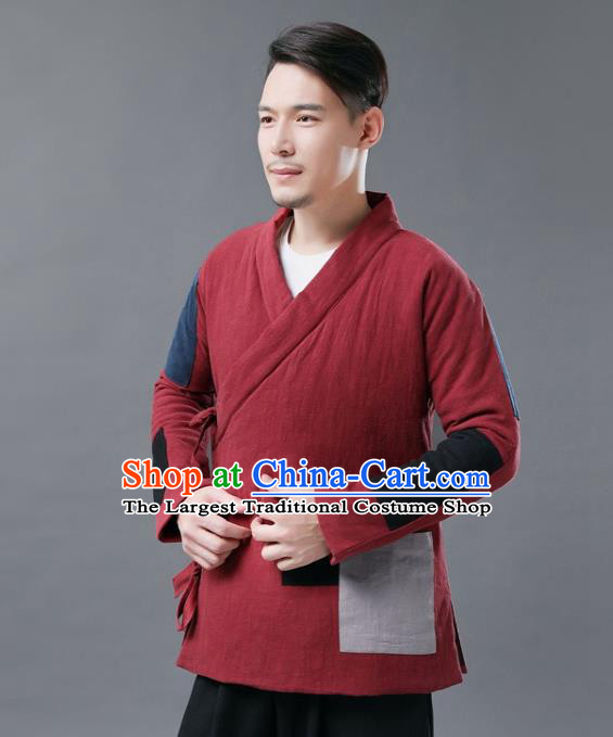 Chinese Traditional Costume Tang Suits Cotton Padded Jacket National Red Mandarin Shirt for Men