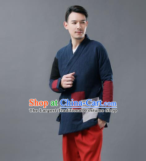 Chinese Traditional Costume Tang Suits Cotton Padded Jacket National Navy Mandarin Shirt for Men