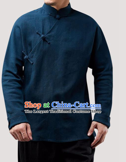 Chinese Traditional Costume Tang Suit Navy Shirt National Mandarin Upper Outer Garment for Men