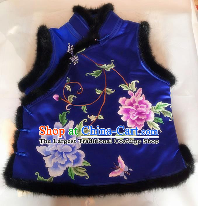 Chinese Traditional Costume Tang Suit Embroidered Peony Royalblue Vest National Silk Waistcoat for Women