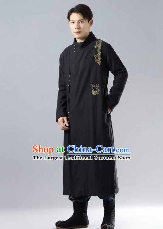 Chinese Traditional Costume Tang Suit Black Cotton Padded Robe National Mandarin Overcoat for Men